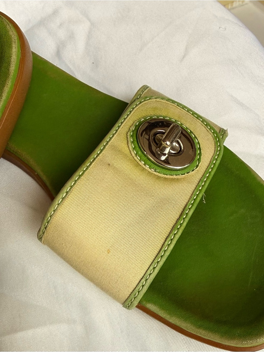 Coach Green and Cream Slide Sandal with Silver Turn-Lock Accent